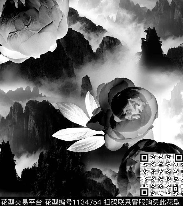 牡丹水墨风国画数码印花华亿平台下载（图片编号: 1134754） - 瓦栏（Walan）