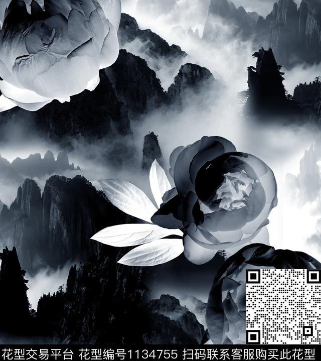 牡丹水墨风国画数码印花华亿平台下载（图片编号: 1134755） - 瓦栏（Walan）