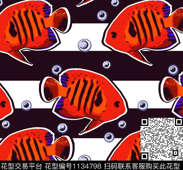 趣味热带鱼条纹数码印花华亿平台下载（图片编号: 1134798） - 瓦栏（Walan）