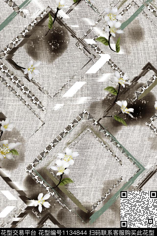 几何花卉中国风数码印花华亿平台下载（图片编号: 1134844） - 瓦栏（Walan）