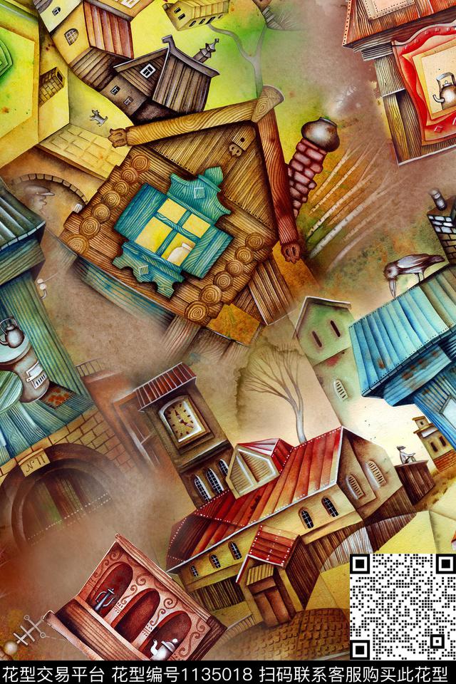 建筑水彩几何数码印花华亿平台下载（图片编号: 1135018） - 瓦栏（Walan）