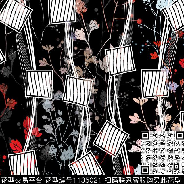 线条几何花卉数码印花华亿平台下载（图片编号: 1135021） - 瓦栏（Walan）