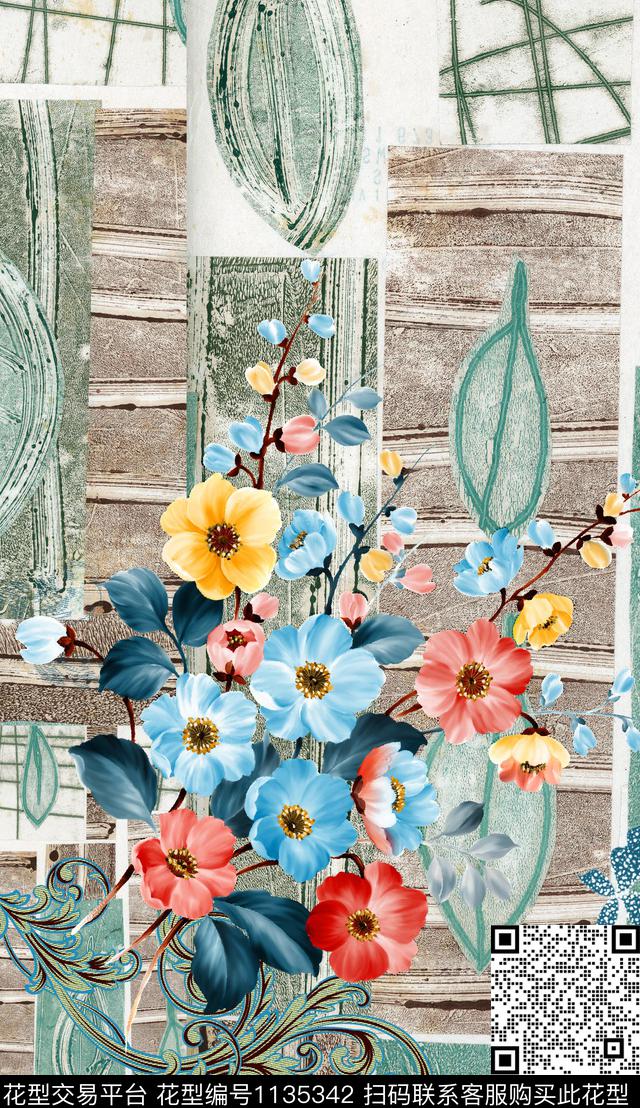 定位花素雅花卉数码印花华亿平台下载（图片编号: 1135342） - 瓦栏（Walan）