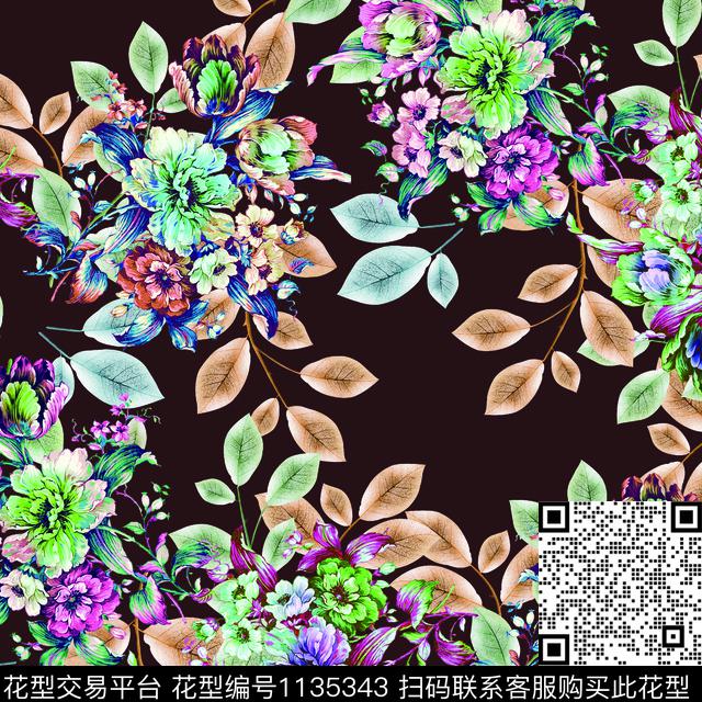牡丹复古定位花数码印花华亿平台下载（图片编号: 1135343） - 瓦栏（Walan）