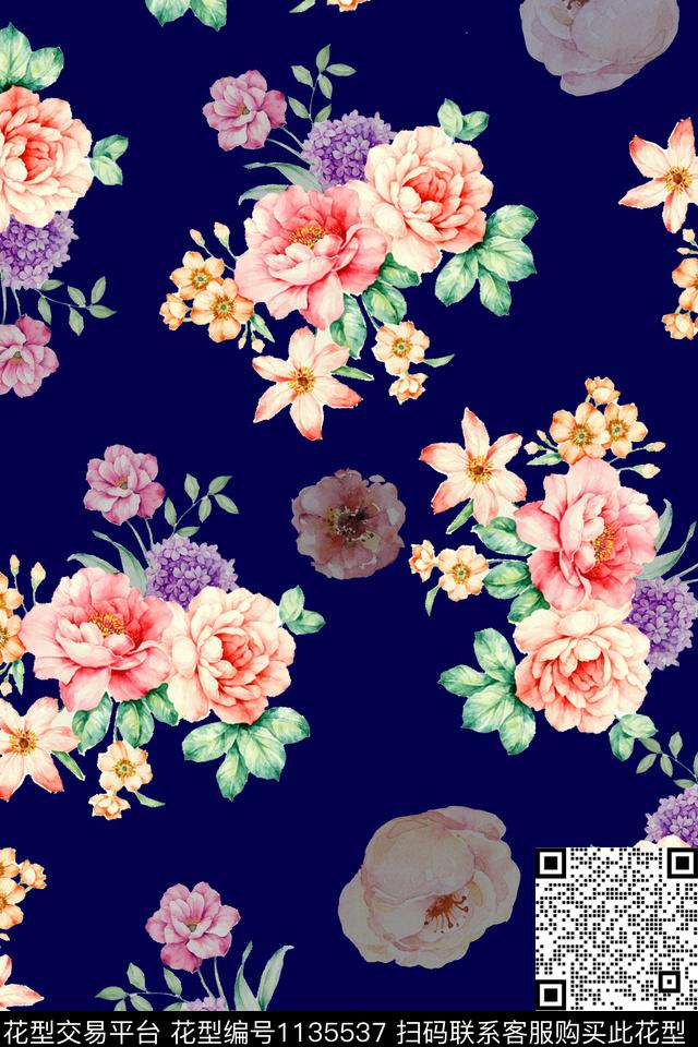 水彩花卉组合花卉分层数码印花华亿平台下载（图片编号: 1135537） - 瓦栏（Walan）