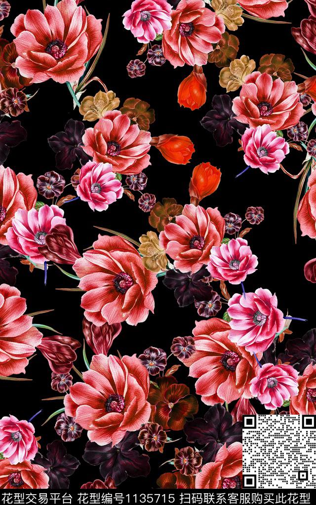 花卉3D立体手绘花卉数码印花华亿平台下载（图片编号: 1135715） - 瓦栏（Walan）