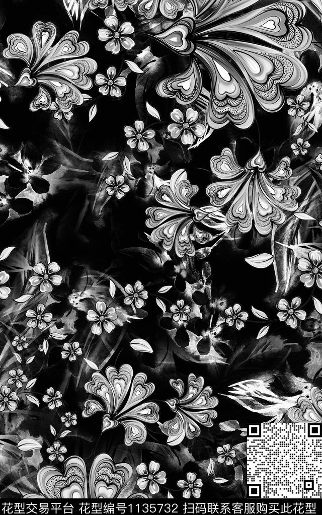 花卉黑白华亿平台3D立体数码印花华亿平台下载（图片编号: 1135732） - 瓦栏（Walan）
