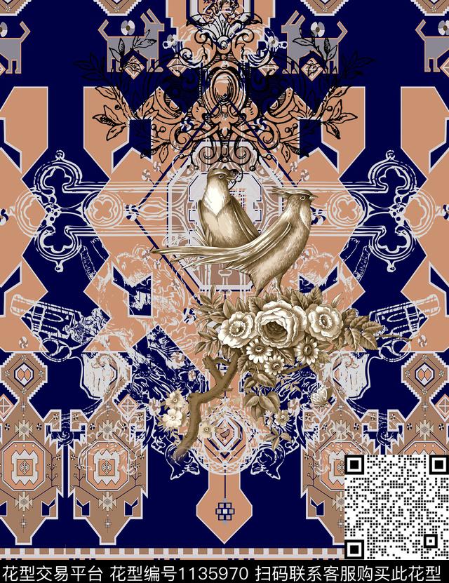 复古几何花卉大牌风数码印花华亿平台下载（图片编号: 1135970） - 瓦栏（Walan）