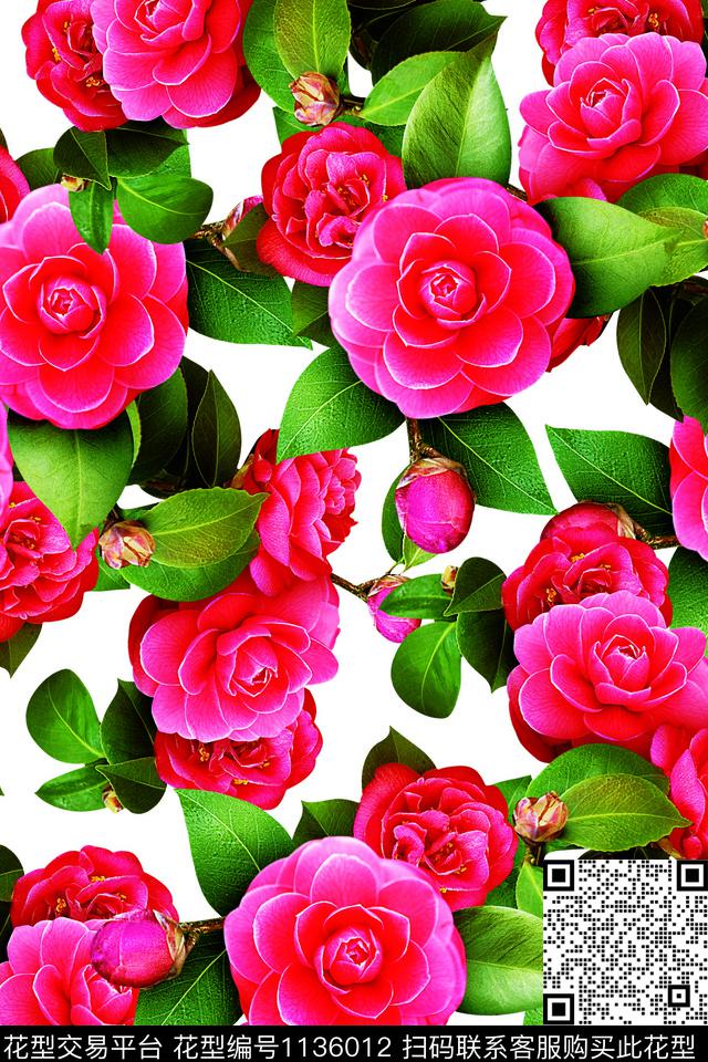 黑底花卉数码华亿平台红花绿叶数码印花华亿平台下载（图片编号: 1136012） - 瓦栏（Walan）