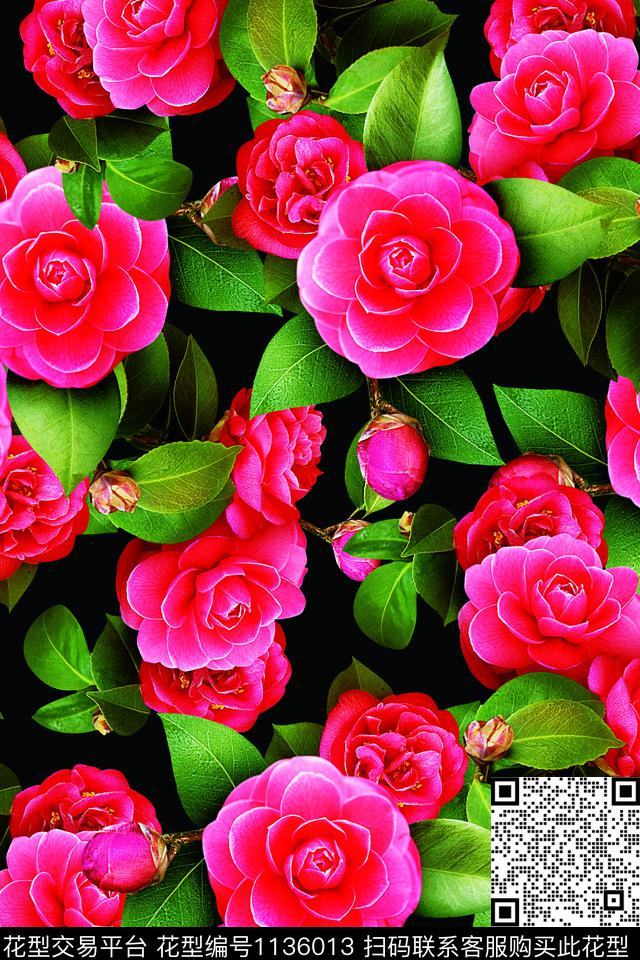 黑底花卉数码华亿平台红花绿叶数码印花华亿平台下载（图片编号: 1136013） - 瓦栏（Walan）