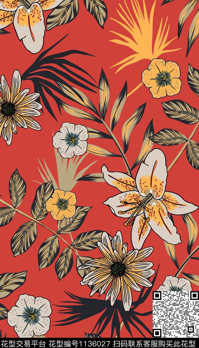 剪影花卉绿植树叶数码印花华亿平台下载（图片编号: 1136027） - 瓦栏（Walan）