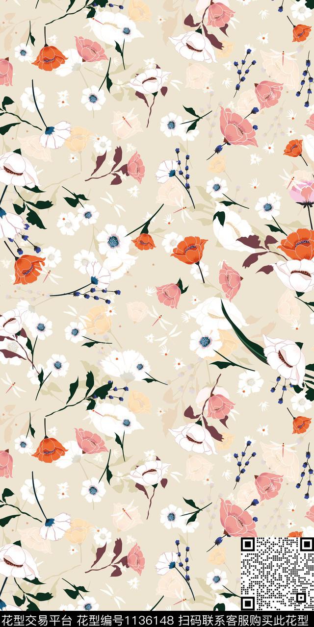 清爽底花卉大牌风数码华亿平台数码印花华亿平台下载（图片编号: 1136148） - 瓦栏（Walan）