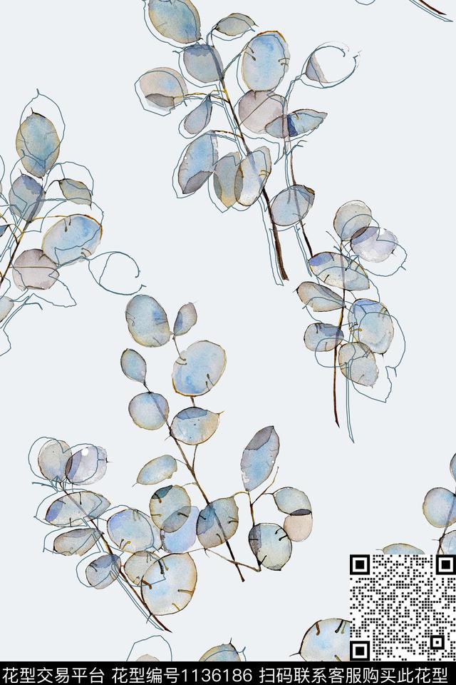 休闲线条绿植树叶数码印花华亿平台下载（图片编号: 1136186） - 瓦栏（Walan）