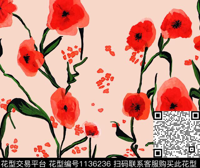定位花数码华亿平台水彩花卉数码印花华亿平台下载（图片编号: 1136236） - 瓦栏（Walan）