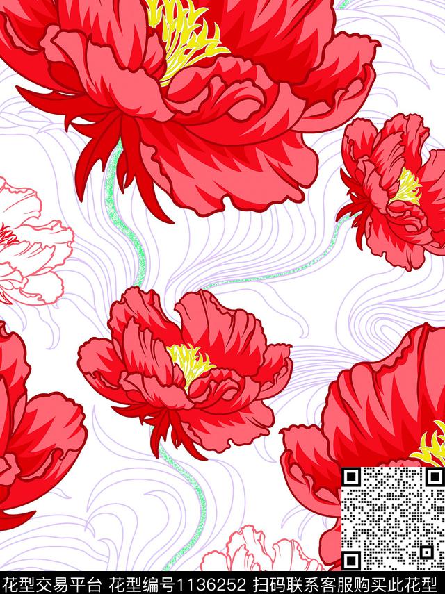 几何花卉大牌风手绘大花数码印花华亿平台下载（图片编号: 1136252） - 瓦栏（Walan）