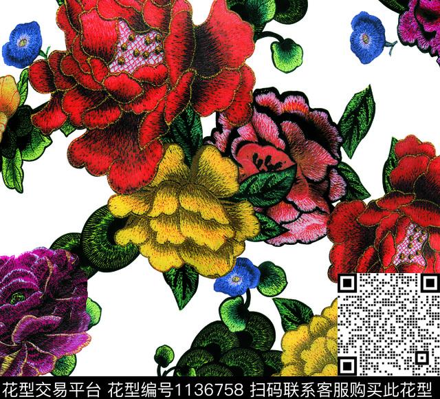 线条画彩底花卉清爽底花卉数码印花华亿平台下载（图片编号: 1136758） - 瓦栏（Walan）