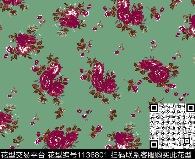 线条画彩底花卉清爽底花卉数码印花华亿平台下载（图片编号: 1136801） - 瓦栏（Walan）
