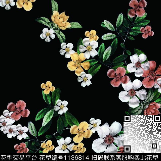 线条画彩底花卉清爽底花卉数码印花华亿平台下载（图片编号: 1136814） - 瓦栏（Walan）