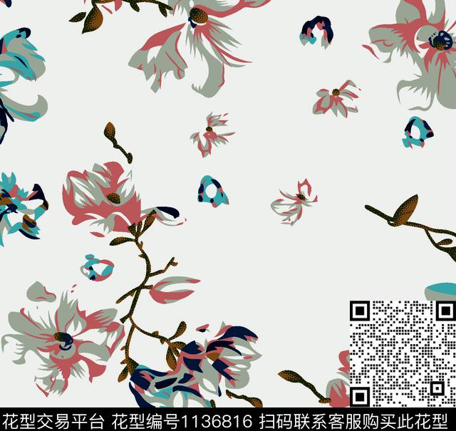 线条画彩底花卉清爽底花卉数码印花华亿平台下载（图片编号: 1136816） - 瓦栏（Walan）