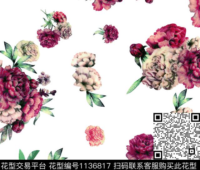 线条画彩底花卉清爽底花卉数码印花华亿平台下载（图片编号: 1136817） - 瓦栏（Walan）