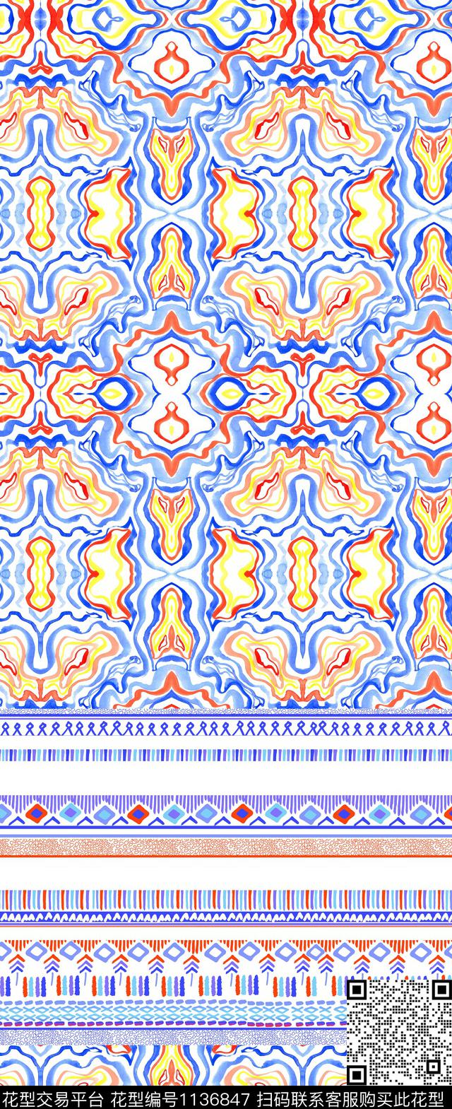 水彩定位花民族风数码印花华亿平台下载（图片编号: 1136847） - 瓦栏（Walan）