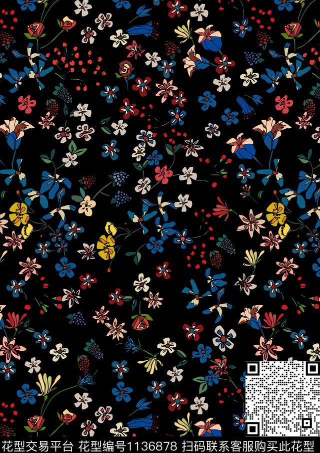 手绘复古花卉数码印花华亿平台下载（图片编号: 1136878） - 瓦栏（Walan）