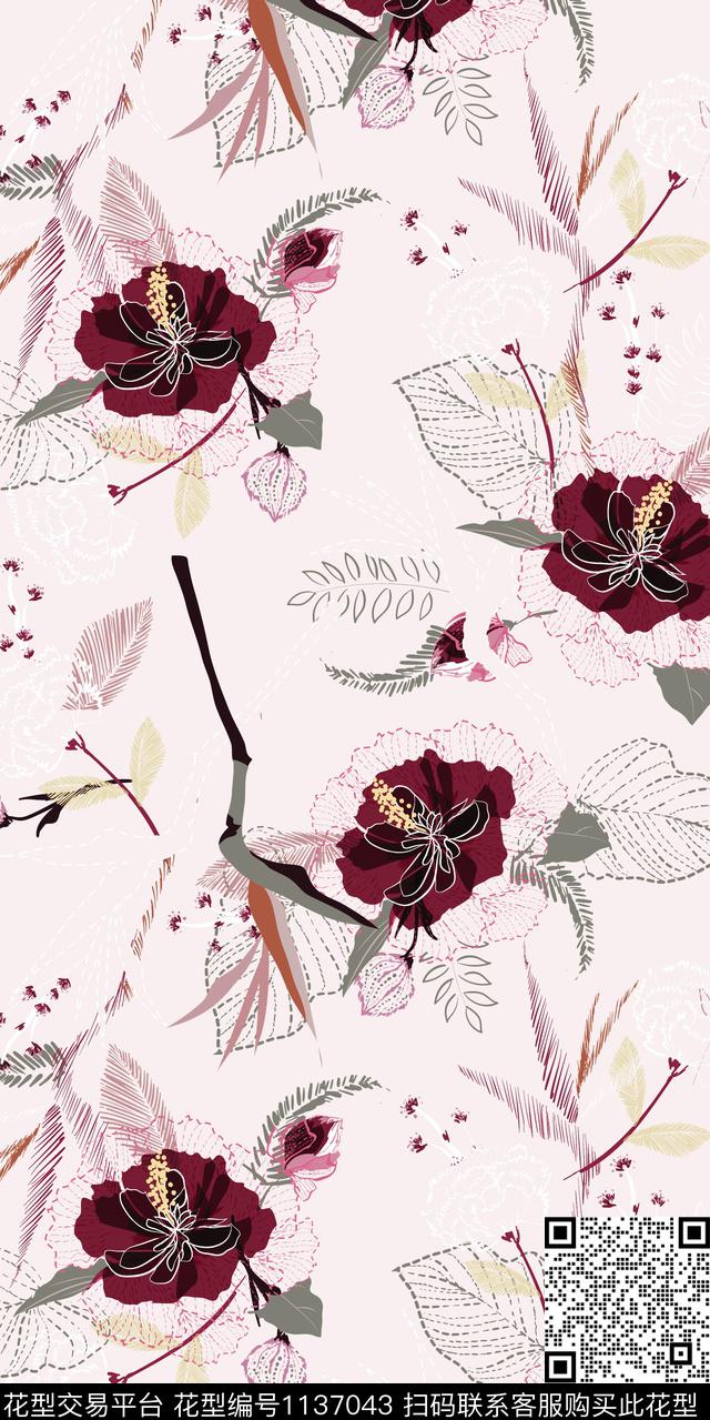 清爽底花卉大牌风数码华亿平台数码印花华亿平台下载（图片编号: 1137043） - 瓦栏（Walan）