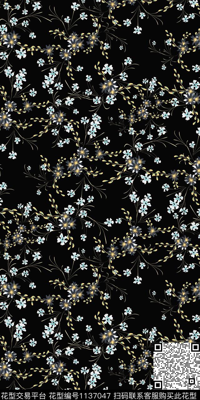 黑底花卉抽象大牌风数码印花华亿平台下载（图片编号: 1137047） - 瓦栏（Walan）