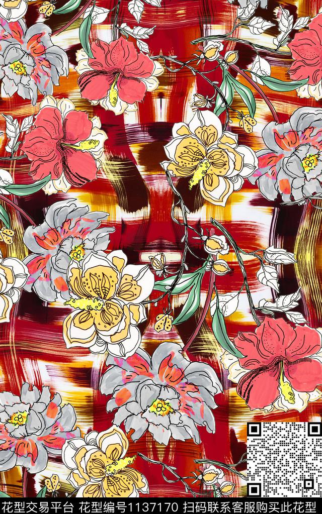 肌理线条花卉数码印花华亿平台下载（图片编号: 1137170） - 瓦栏（Walan）