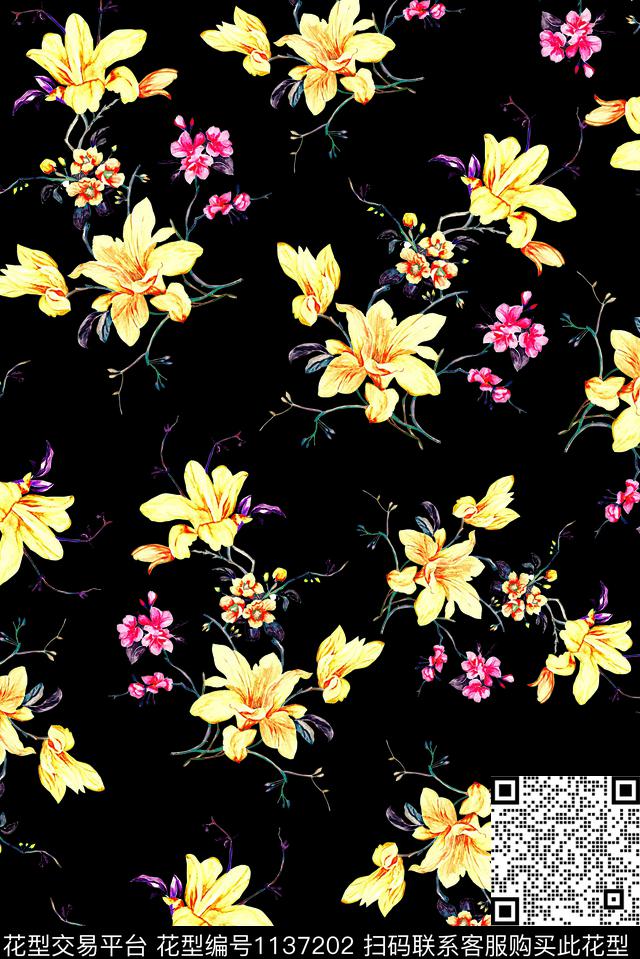 百合手绘花卉女装数码印花华亿平台下载（图片编号: 1137202） - 瓦栏（Walan）