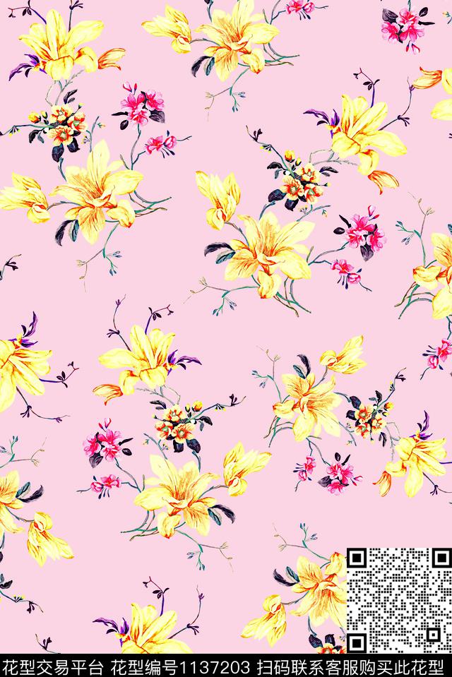 百合手绘花卉女装数码印花华亿平台下载（图片编号: 1137203） - 瓦栏（Walan）