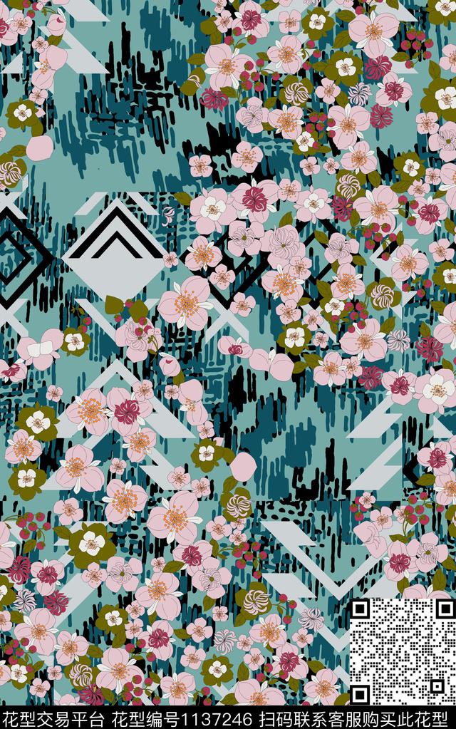 线条小碎花花卉数码印花华亿平台下载（图片编号: 1137246） - 瓦栏（Walan）