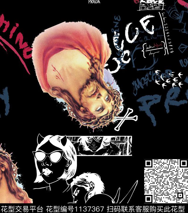 潮牌抽象大牌风数码印花华亿平台下载（图片编号: 1137367） - 瓦栏（Walan）