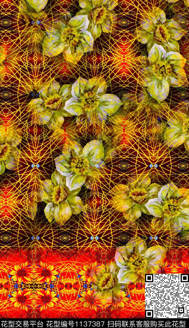 复古定位花花纹数码印花华亿平台下载（图片编号: 1137387） - 瓦栏（Walan）