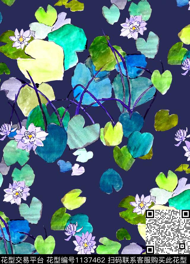 荷花水彩数码印花华亿平台下载（图片编号: 1137462） - 瓦栏（Walan）