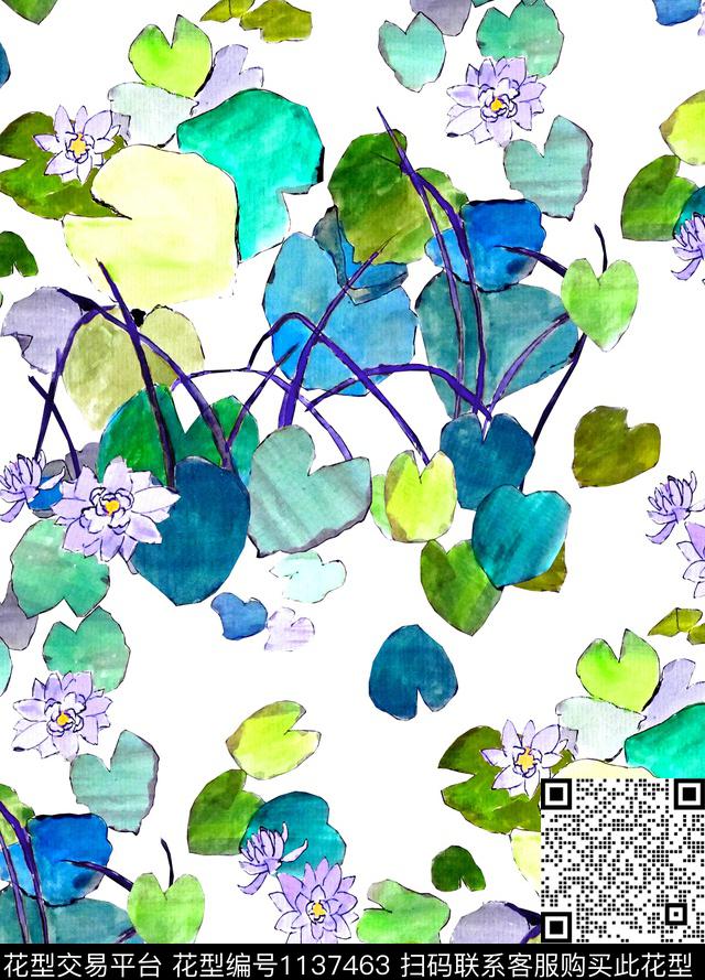 国画荷花水彩数码印花华亿平台下载（图片编号: 1137463） - 瓦栏（Walan）