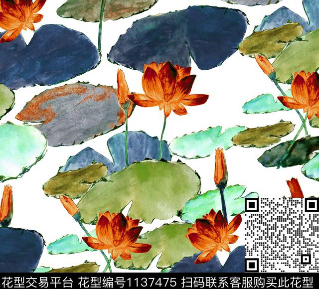 手绘荷花中国风数码印花华亿平台下载（图片编号: 1137475） - 瓦栏（Walan）