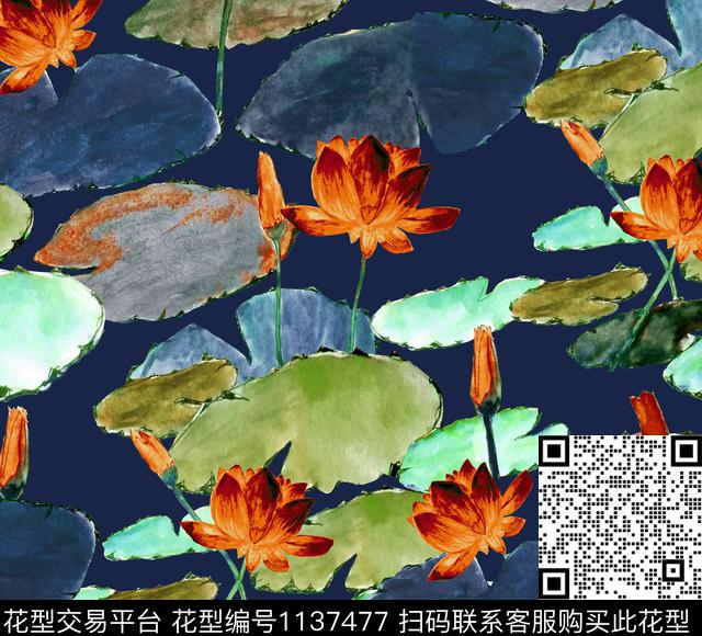 手绘荷花中国风数码印花华亿平台下载（图片编号: 1137477） - 瓦栏（Walan）