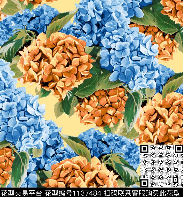 绣球花杜班嘉纳大牌风数码印花华亿平台下载（图片编号: 1137484） - 瓦栏（Walan）