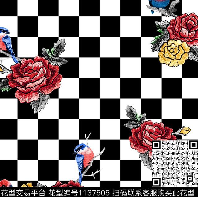 牡丹绣花华亿平台棋盘格数码印花华亿平台下载（图片编号: 1137505） - 瓦栏（Walan）