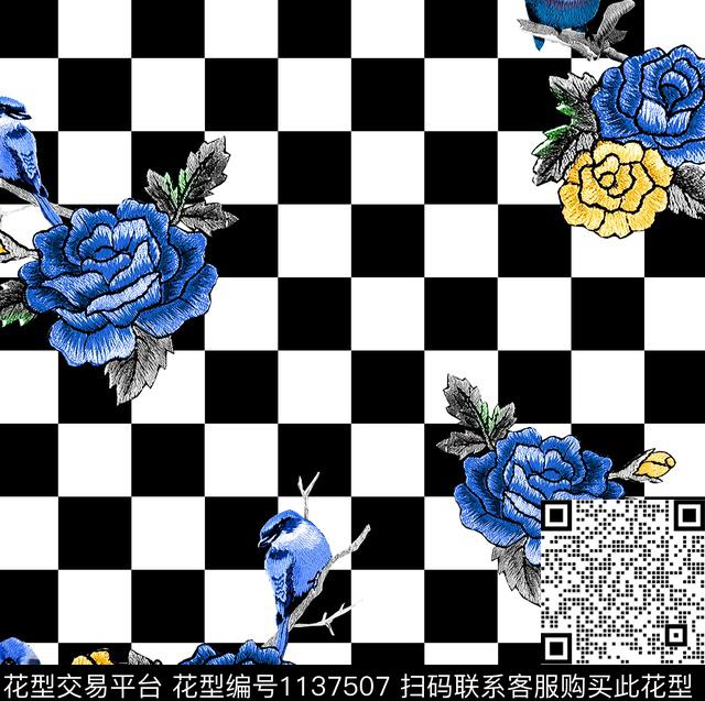 牡丹绣花华亿平台棋盘格数码印花华亿平台下载（图片编号: 1137507） - 瓦栏（Walan）