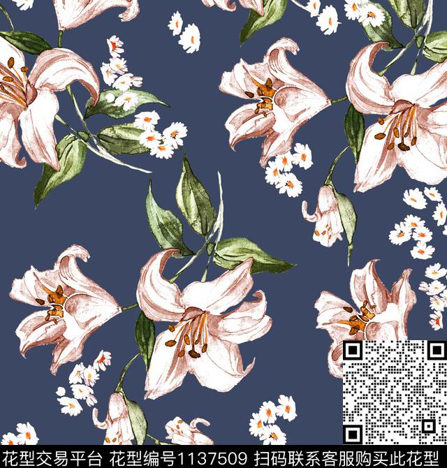 大牌风百合小雏菊数码印花华亿平台下载（图片编号: 1137509） - 瓦栏（Walan）