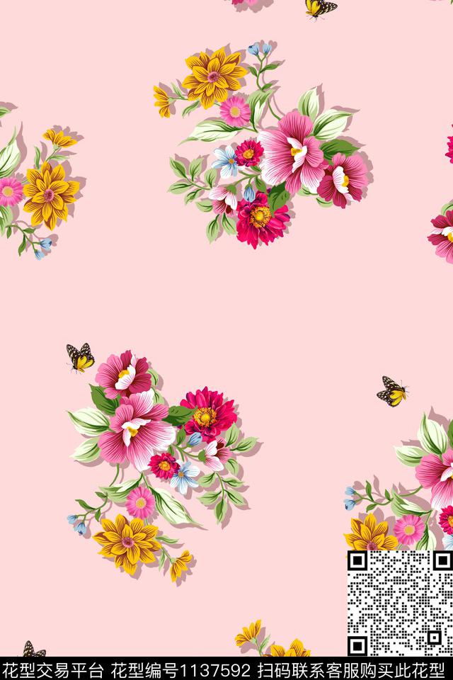 年轻女性清爽大花蝴蝶数码印花华亿平台下载（图片编号: 1137592） - 瓦栏（Walan）