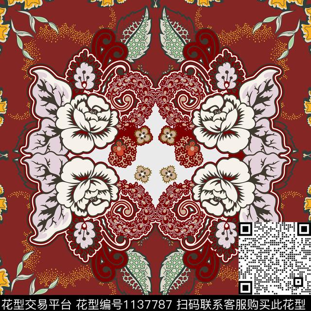 线条花卉民族风数码印花华亿平台下载（图片编号: 1137787） - 瓦栏（Walan）
