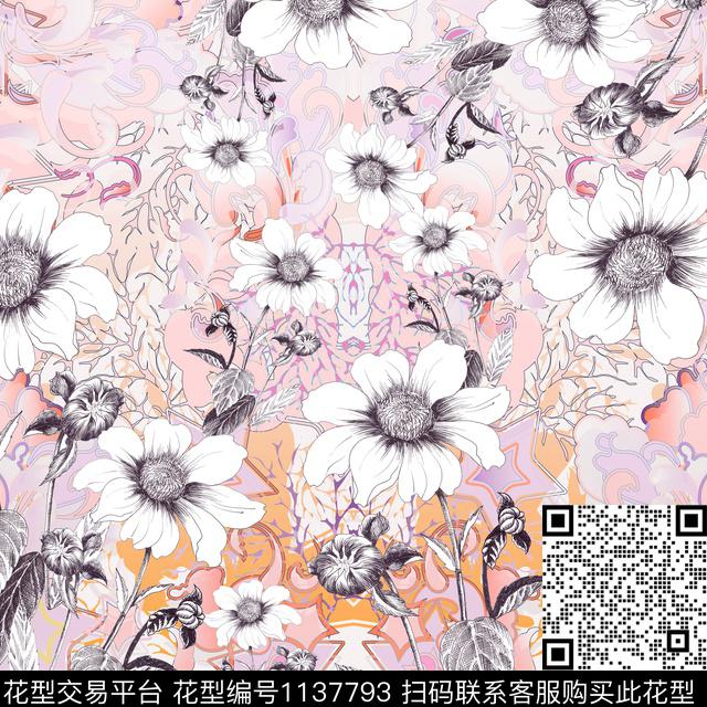 手绘线条花卉数码印花华亿平台下载（图片编号: 1137793） - 瓦栏（Walan）