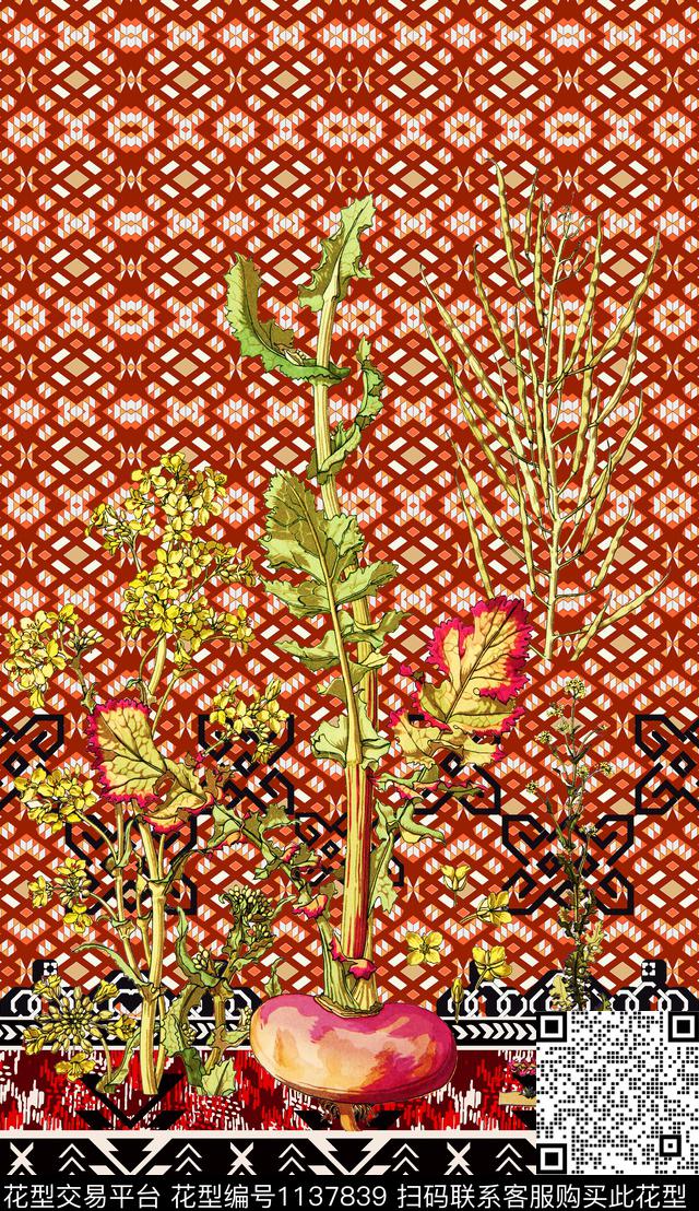 波西米亚线条花卉数码印花华亿平台下载（图片编号: 1137839） - 瓦栏（Walan）