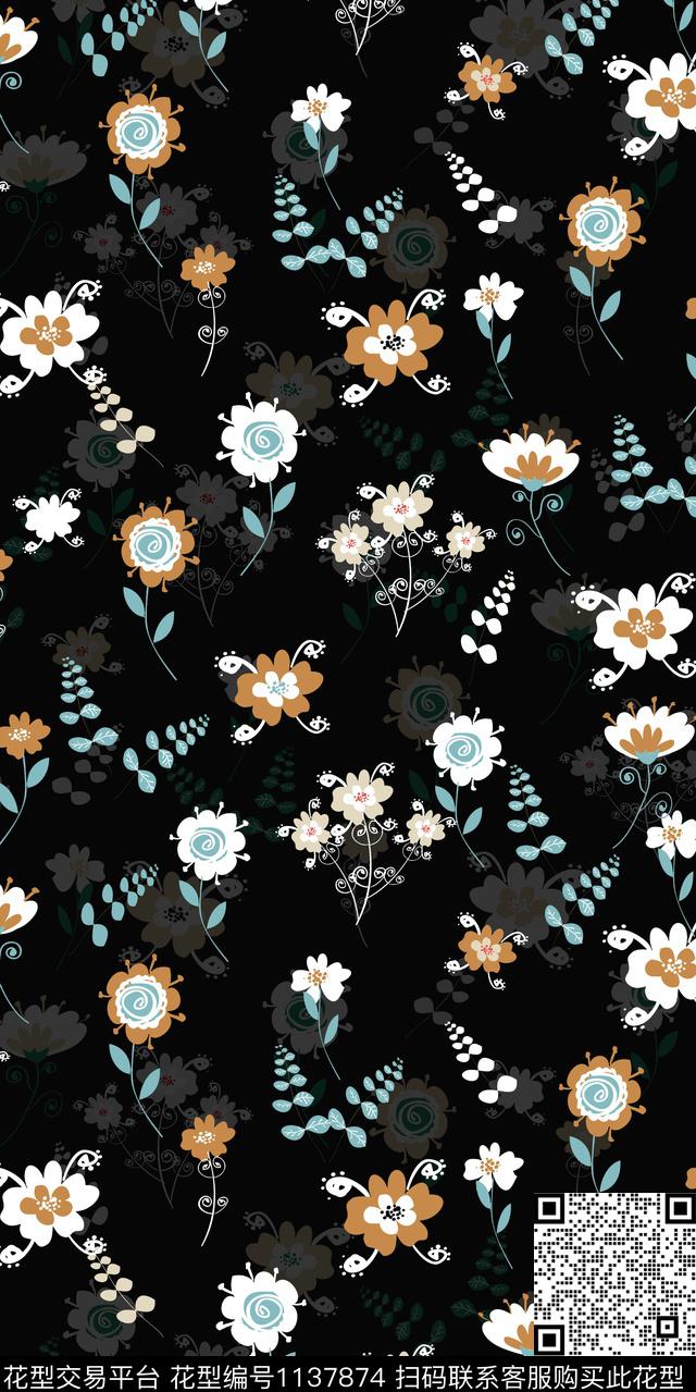 黑底花卉大牌风数码华亿平台数码印花华亿平台下载（图片编号: 1137874） - 瓦栏（Walan）