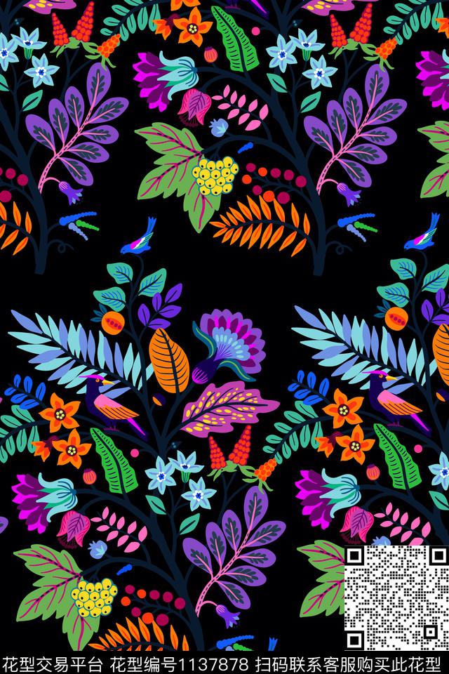 绿植树叶鸟大牌风数码印花华亿平台下载（图片编号: 1137878） - 瓦栏（Walan）