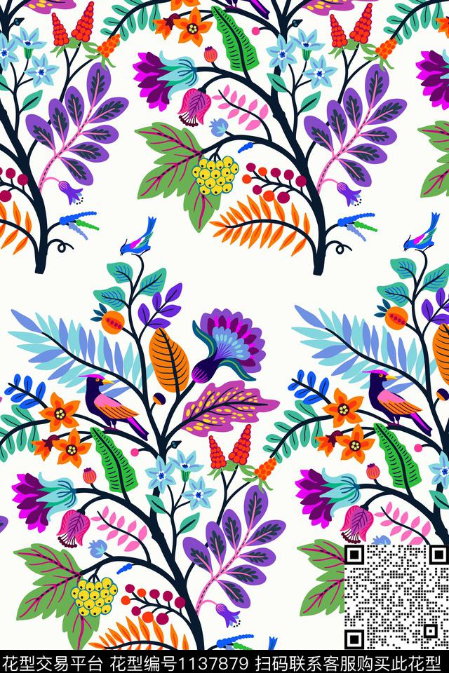 绿植树叶鸟大牌风数码印花华亿平台下载（图片编号: 1137879） - 瓦栏（Walan）