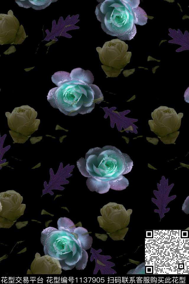 玫瑰花绿植树叶春夏华亿平台数码印花华亿平台下载（图片编号: 1137905） - 瓦栏（Walan）